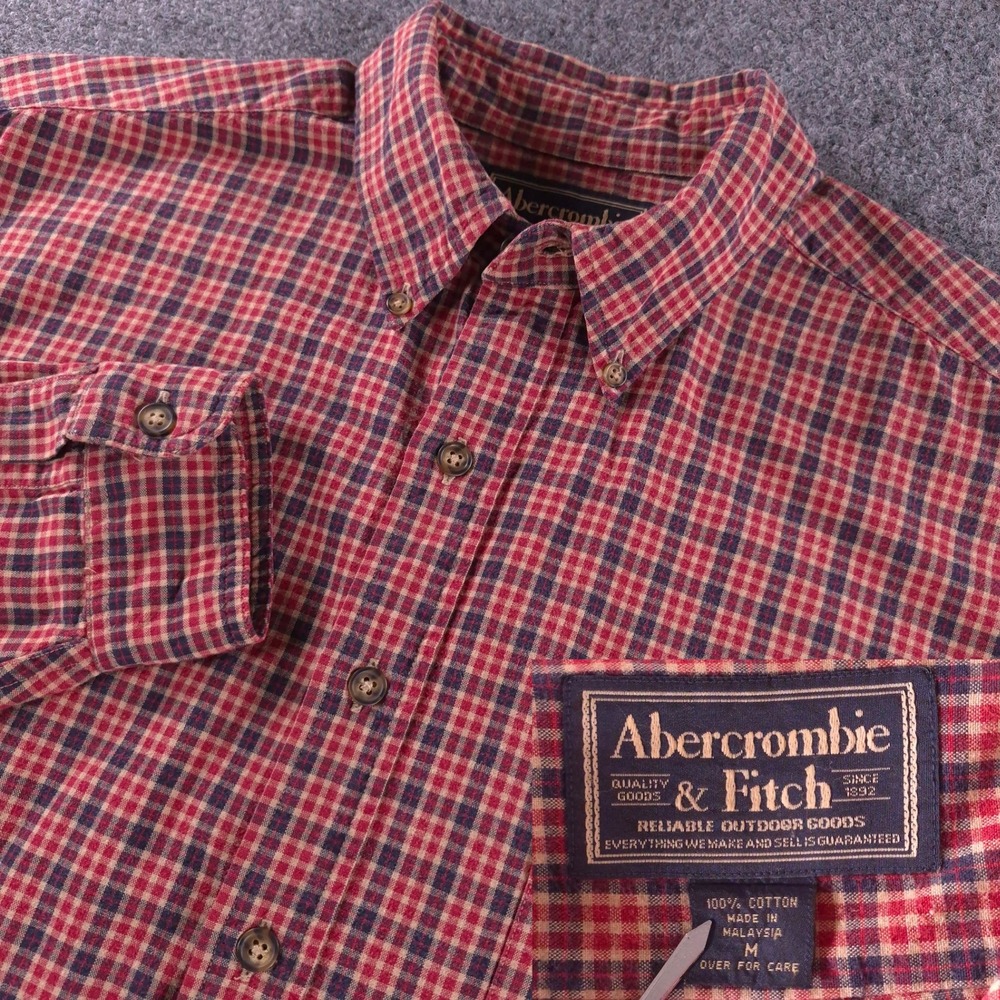 Abercrombie & Fitch Mens Medium Plaid Button Down Shirt Red Blue Cotton Outdoor